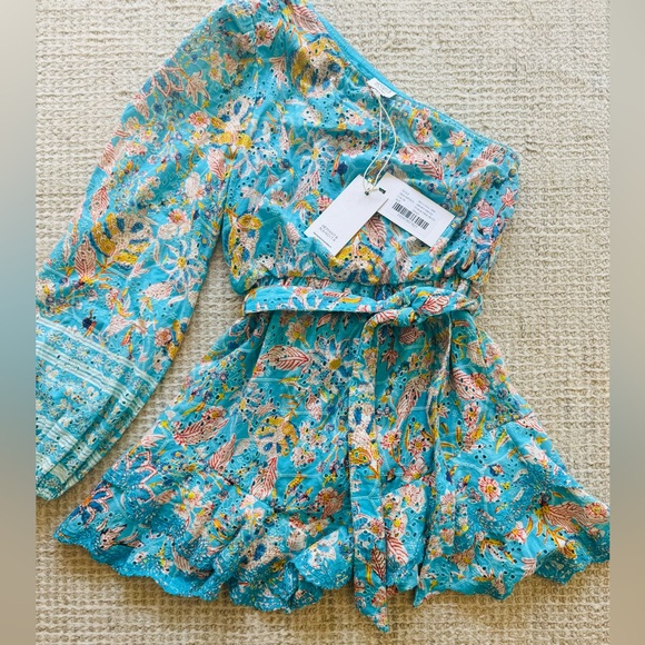 NWT Hemant & Nandita Lyna One Shoulder Cotton Eyelet Floral Ruffle Mini Dress S - Picture 8 of 13